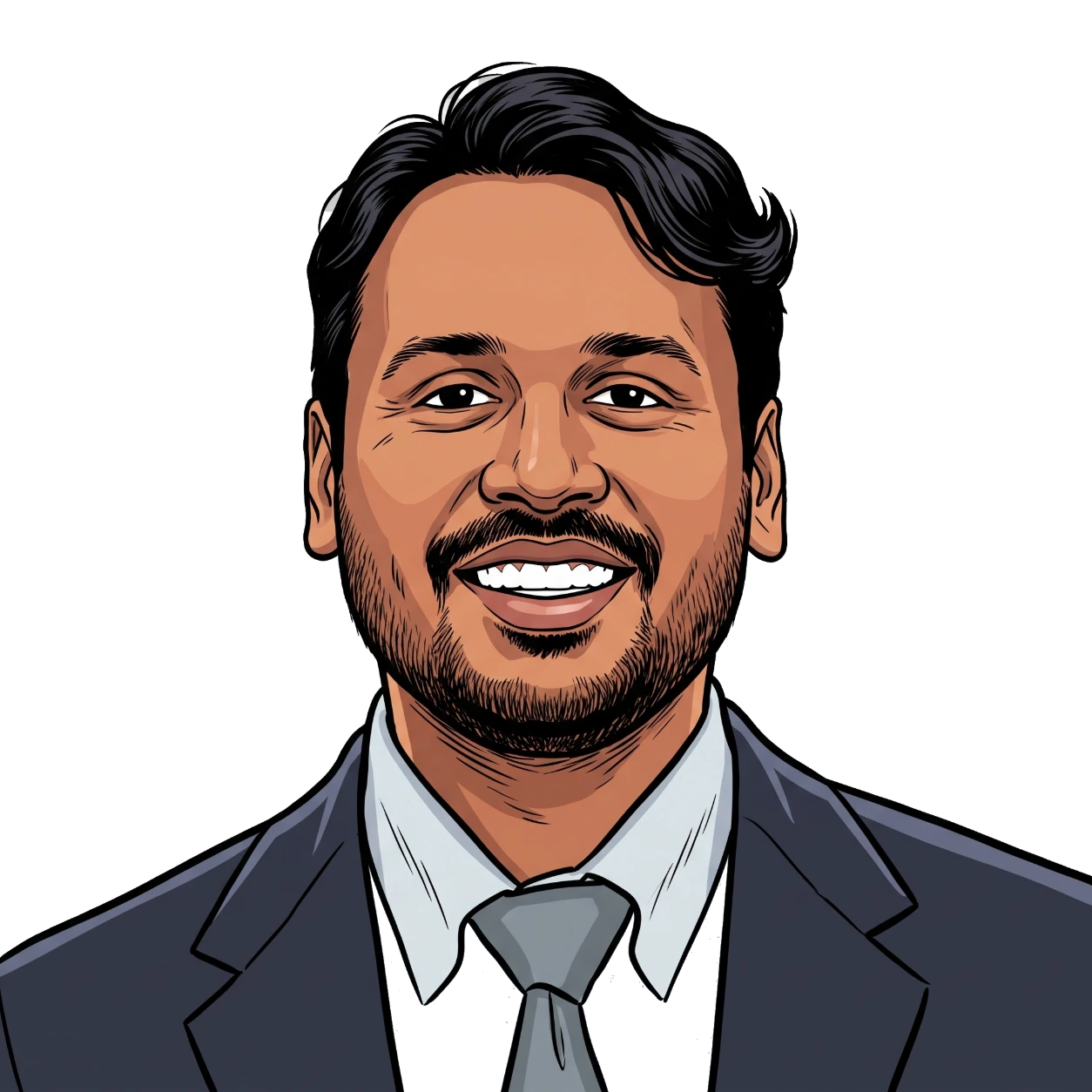 Illustrated portrait of Pawanchander, smiling, in a suit and tie
